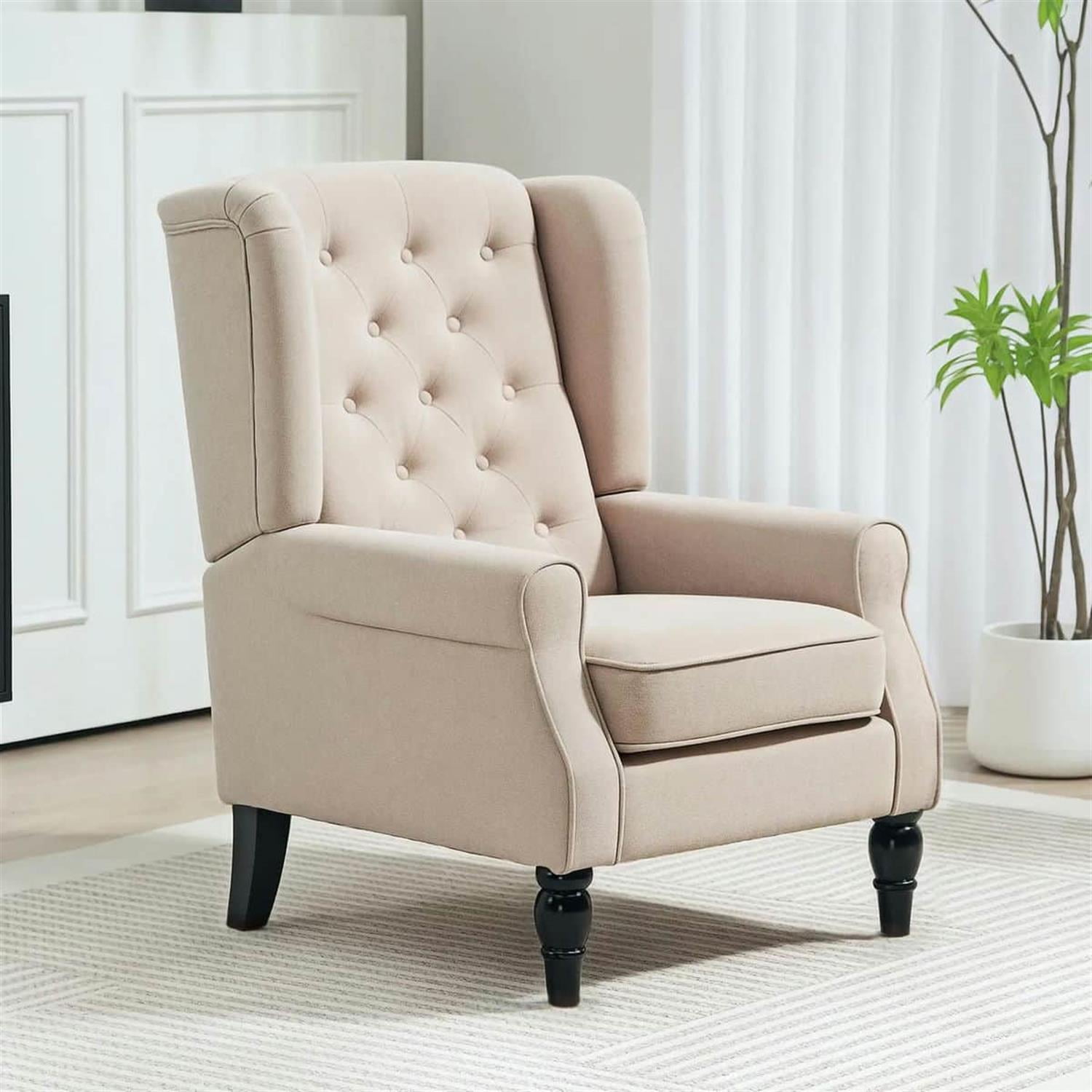 Demi Bonn 40" Modern Upholstered Armchair with High Back Button Tufted, Mid-Century Retro Wood Leg Chair for Living Room, Bedroom, Beige
