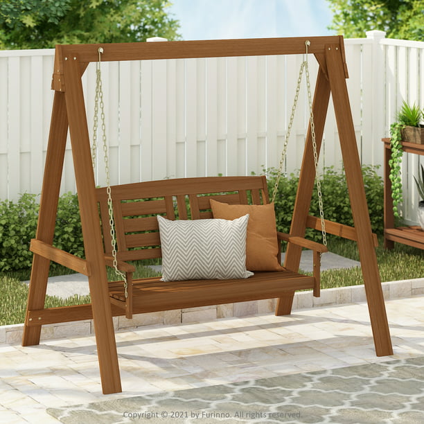 Tioman Hardwood Hanging Porch Swing With Stand In Teak Oil Fg16409 Com - Furinno Fg16409 Tioman Hardwood Patio Furniture Porch Swing