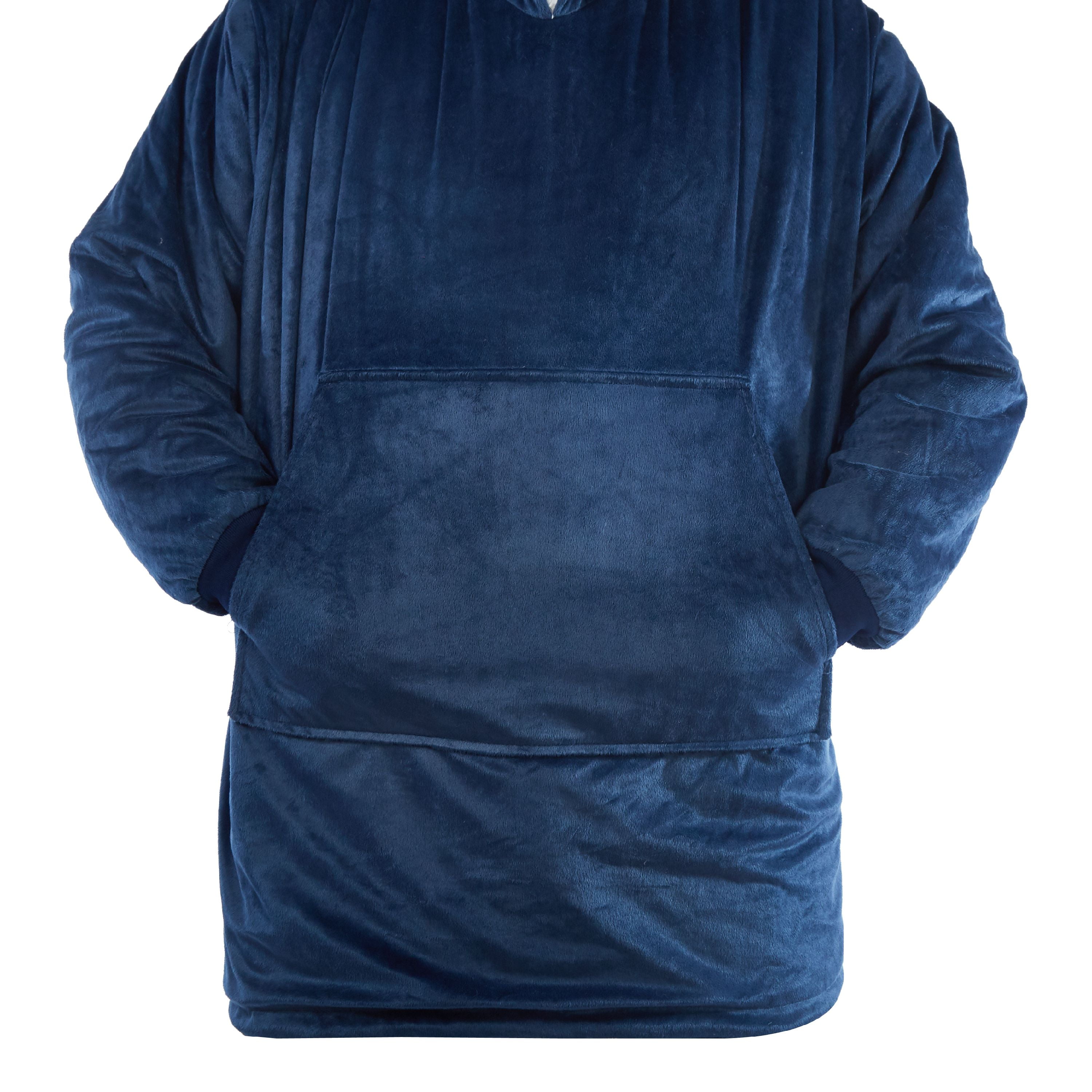 Wearable Oversized Cuddle Throw with Sherpa Lining and Hood Navy