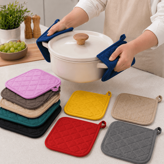 Pot Holders for Kitchen with Heat Resistant Quilted Design and Hanging Loop, Hot Pads for Cooking Baking Pots Pans and Serving