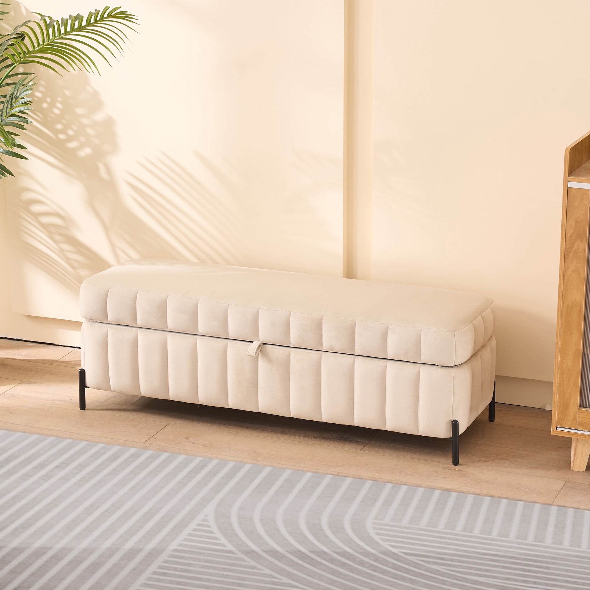 Storage Bench, Beige Velvet Upholstery with Hidden Compartment, 49.21 Inch Wide Soft Footstool Ottoman for Bed End, Living Room, Entryway, Black Metal Legs, 275 lb Capacity