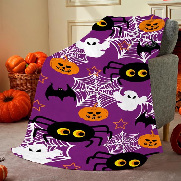 Flannel Halloween Blanket Scary Pumpkin Throw - Cozy Horror Decor for Sofa, Travel & Kids | Machine Washable Holiday Home Decor(Purple)