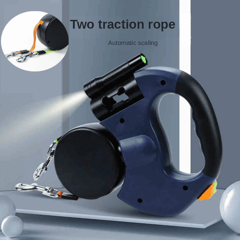Two Dog Reflective Retractable Pet Leash Ropes – 360 Degree Zero Tangle - Two Dogs Each up to 50 lbs, Reflective Orange and Green Leads, Dual Locking, Auto Retractable with Flashlight