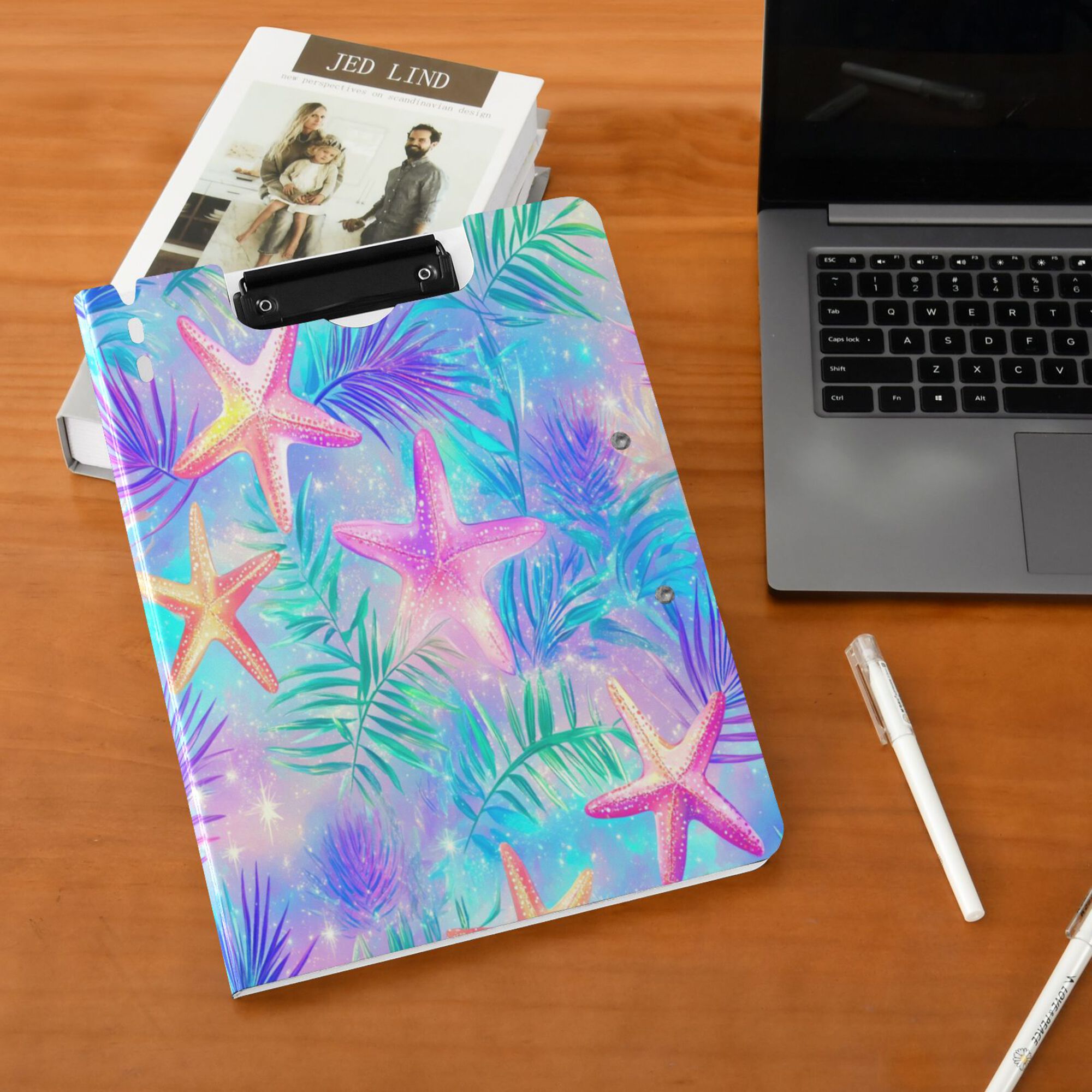 FORMRS A4 Clipboard Folder with Pen Holder Horizontal Foldable School Office Binder, Neon Starfish Pattern