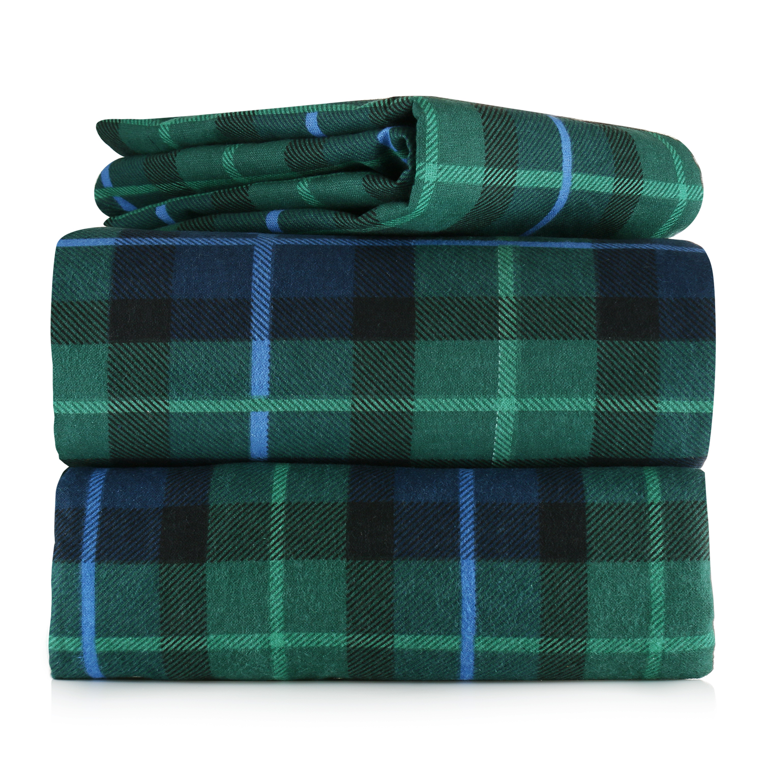 Tartan Green, Double 100% BRUSHED COTTON FLANNEL TARTAN CHECK SHEET SET FITTED SHEET FLAT SHEET PILLOW CASES SINGLE DOUBLE KING SIZE BED SHEETS 