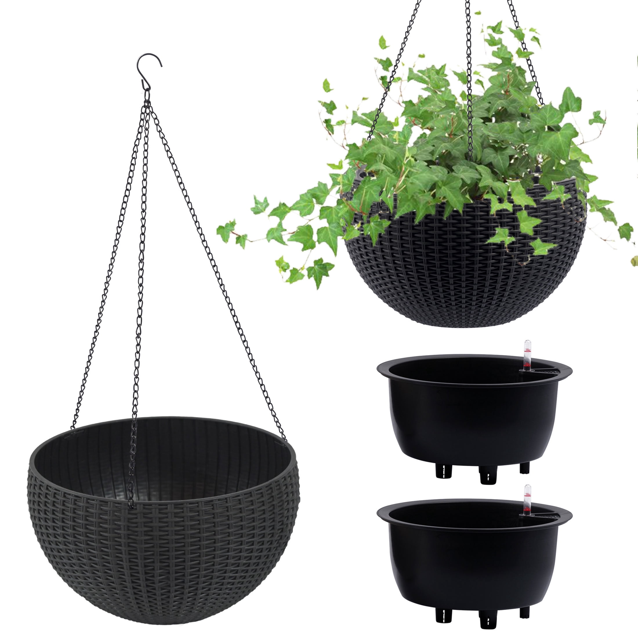 Noble House 2 Pack 13.4" Self-Watering Hanging Planters, Rattan-Style Flower Pots, Black