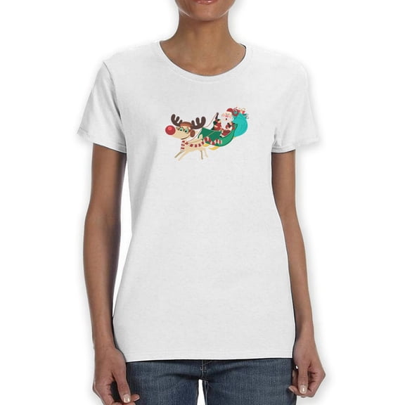 Santa Claus, Rudolph And Gifts Bag Are Coming In Sled  Women White T-Shirt, Female Small