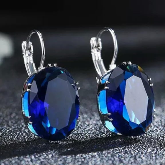 HOOUN 925Silver Big Oval Color ZirconStone Crystal Drop Earrings Women Wedding Jewelry-Dark Blue
