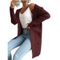 thumbnail image 6 of Women Hooded Open Front Long Sleeve Lapel Rib Knitted Winter Fall Sweater Cardigan Coat with Pocket Wine Red L, 6 of 9