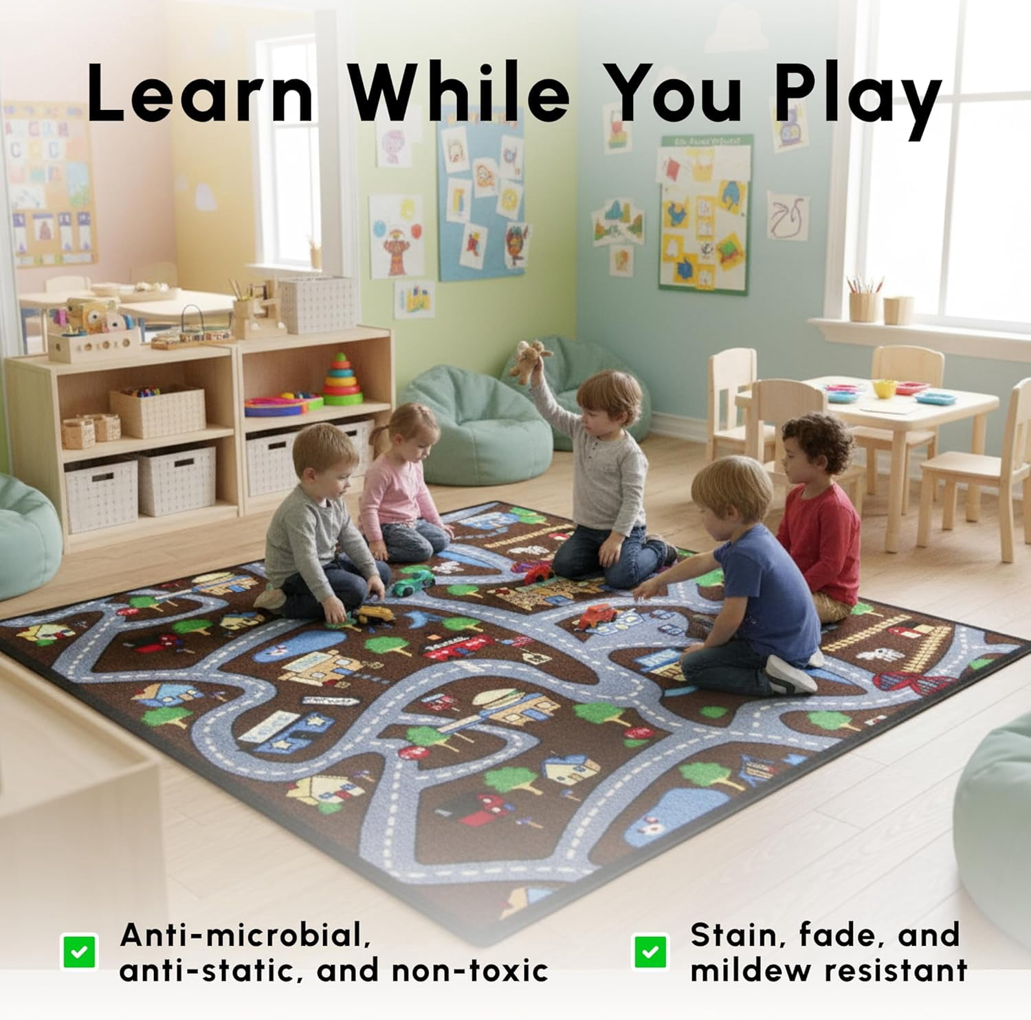SAFECASTLE Kids Carpet Country Roads Rug 4'4" x 5'6" Educational Road & Street Play Mat with Buildings and Landmarks Learning & Activity Rug for Kids, Toddlers, Nursery, Classroom, Playroom & Daycare