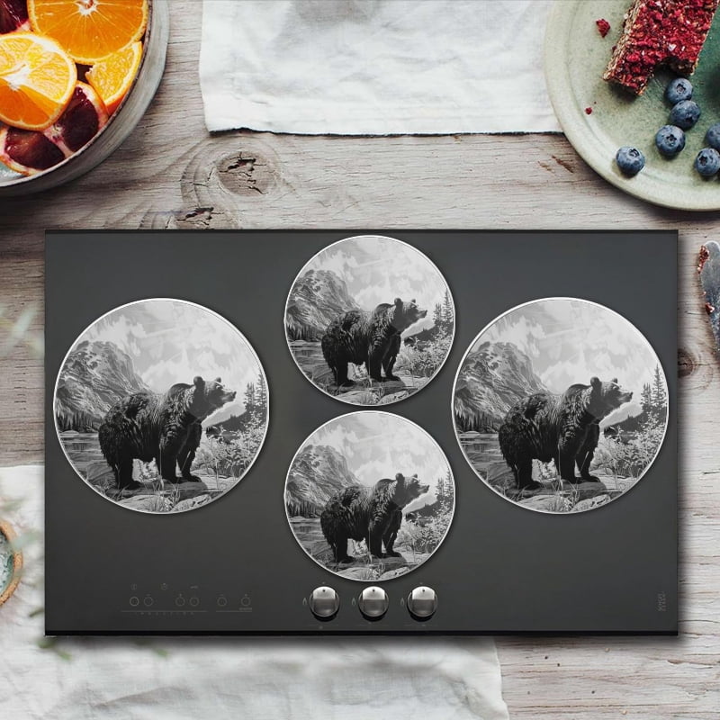 BaHomeck Electric Stove Burner Covers Set of 4,Round Metal Gas Stove Burner Covers 8 Inch and 10 Inch,Kitchen Decor,Black And White Drawing Of Adult Grizzly Bear