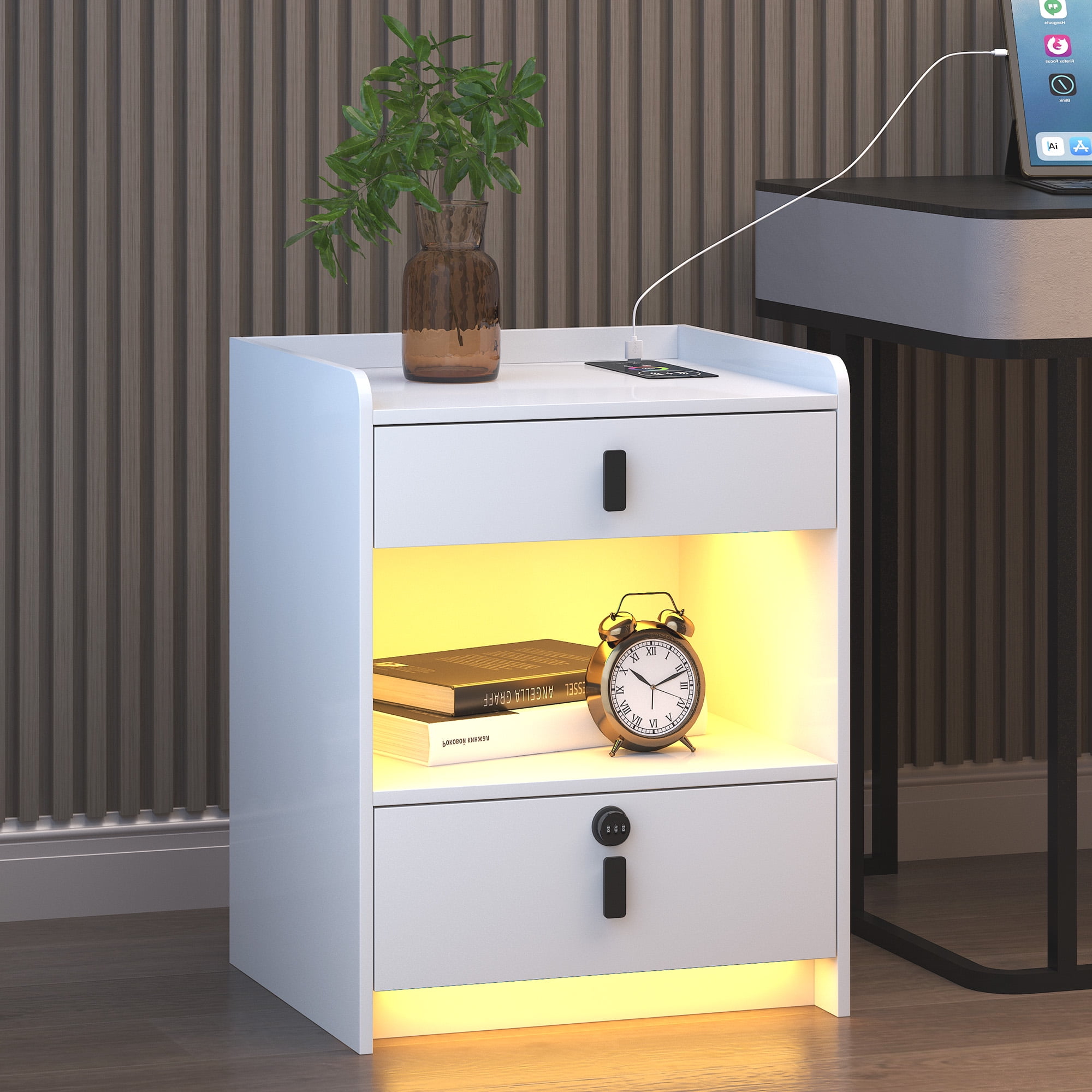 LVSOMT Nightstand with 24 RGB Lights and Wireless Charging Station