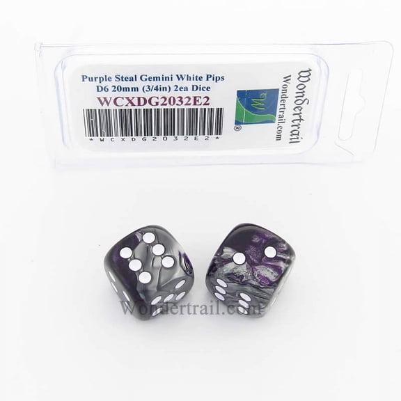Purple and Steal Gemini Dice with White Pips 20mm (3/4in) D6 Pack of 2 Wondertrail