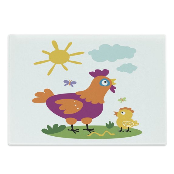 Hen and Chicks Cutting Board, Nursery Themed Cartoon with Chicken and Baby in Sunny Nature Day, Decorative Tempered Glass Cutting and Serving Board, in 3 Sizes, by Ambesonne
