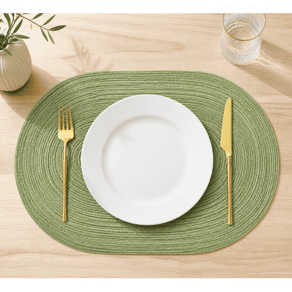 5Pcs Sage Green Oval Placemats, Boho Heat Resistant Table Mats for Dining Table, Woven Solid Color Dinner Placemats for Kitchen Wedding Party and Daily Home Decor, 12 x 18inch