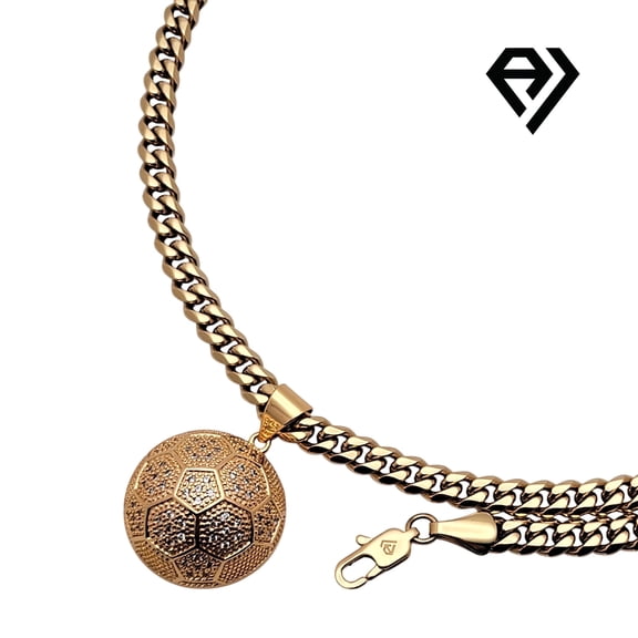 14K Bonded Gold Cuban Chain with Soccer Ball Pendent, Unisex Christmas Gift for Women, Men, Boyfriend, Girlfriend Mother, Father, Her, Him 6mm Gold Necklace, Waterproof, Long Life by Aria Jeweler