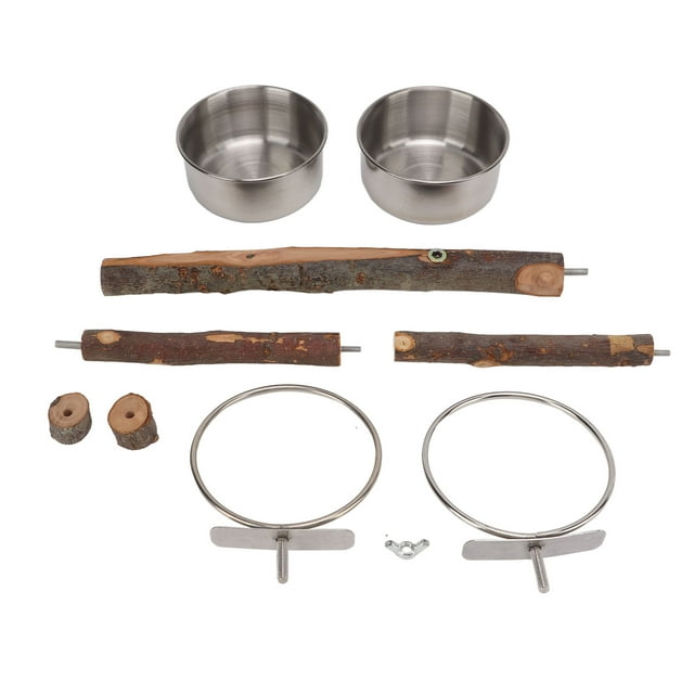 Soporte de madera para loros con cuenco de comida de acero inoxidable, soporte para alimentador de alimentos, conjunto de alimentador de jaula para pájaros combinado L