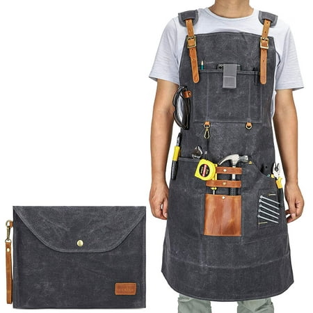 

KZLO Chef Canvas Apron Cross Back Apron for Men Women with Adjustable Straps and Large Pockets Black