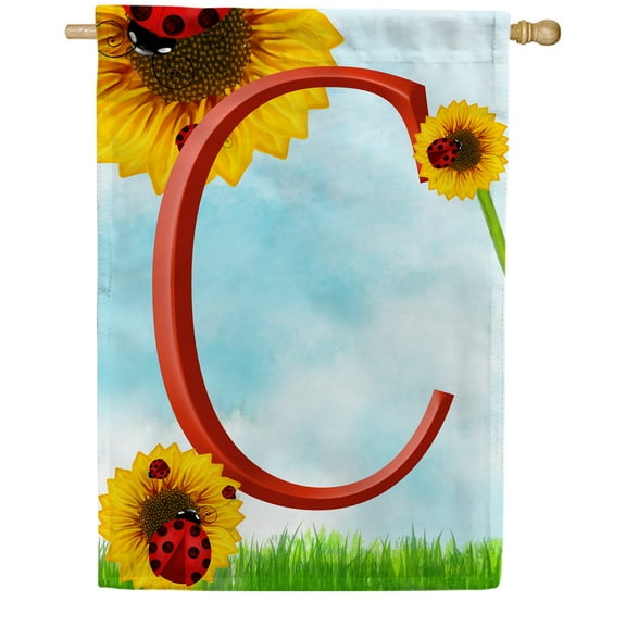 America Forever Summer Sunflower Ladybugs Monogram House Flag Letter C 28 x 40 inches Yellow Floral Spring Double Sided Vertical Outdoor Yard Lawn Decorative Yellow Hello Sunshine House Flag