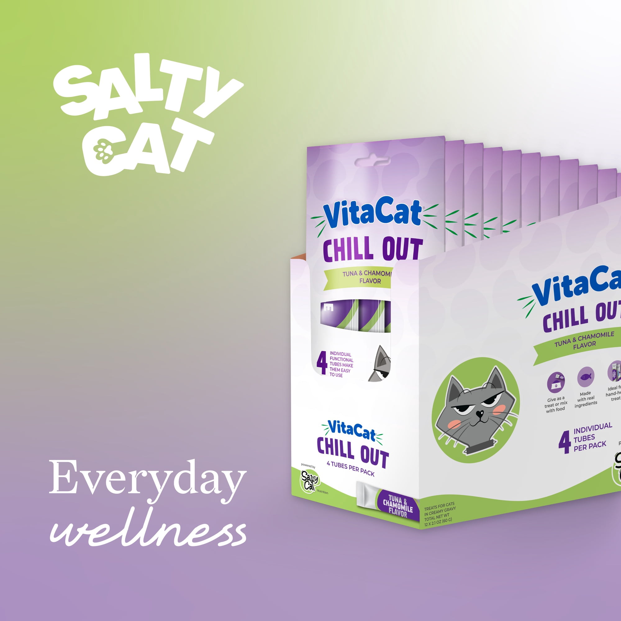 VitaCat by Salty Cat Chill Out Tuna & Chamomile Flavor Creamy Treats for Cats, 4 15g Tubes