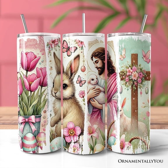 Pink Jesus and Bunny 20oz Tumbler With Lid and Stainless Steel Straw, Easter Brushstrokes Spring Gift Cup