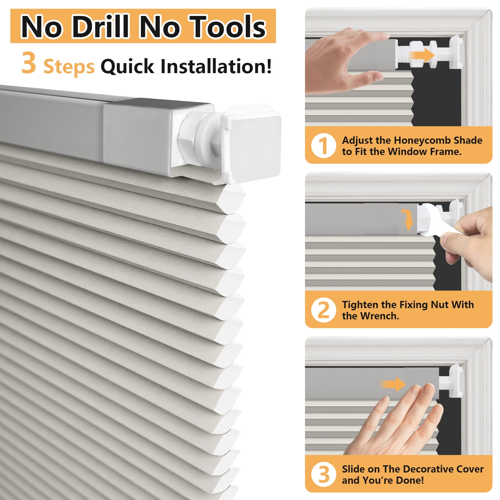 NAWAY No Drill No Tools 34"x48" Cellular Shades for Indoor Windows, Thermal Insulating & Noise Reducing Honeycomb Blinds, Cordless Free Stop Blinds Light Filtering, Gray