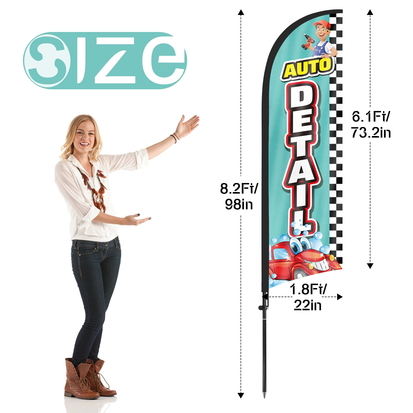 QSUM Auto Detail Feather Flag with Flag Pole Kit and Ground Spike, 8.2FT Auto Detail Windless Flag Banner Sign Business for Outdoor Advertising Sign Decoration Display