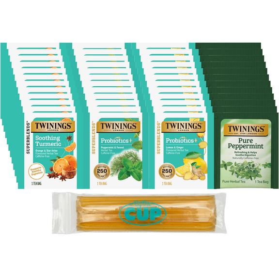 Twinings Love Your Gut Sampler, Turmeric, Orange & Anise, Peppermint & Fennel, Lemon & Ginger, Pure Peppermint (Pack of 48) with By The Cup Honey Sticks