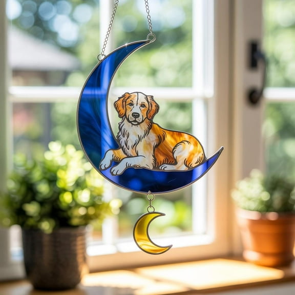 Golden Retriever Acrylic Suncatcher Dog on Moon Window Hanging, Dog Mom Gift, Pet Memorial Ornament, Celestial Animal Decor