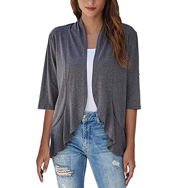 AherBiu Women Casual Cardigan Lightweight Open Front Solid Color 3/4 Sleeve Draped Ruffles Outwear Tops