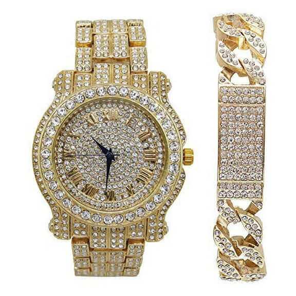 Charles Raymond Blinged Out Round Luxury Mens Gold Hip Hop Watch w/Iced Out Cuban ID Bracelet - (L0504RN ID Cuban Gold)