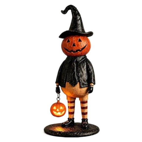 IFRINID Halloween Glowing Pumpkin Man Figurine, Resin Tabletop Decoration with Warm LED Lantern for Home and Party Decor
