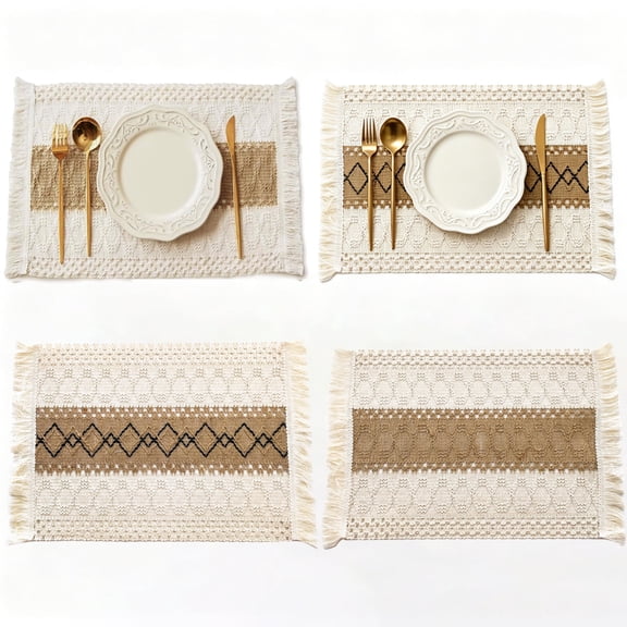 Beige brown Boho Placemats Set of 4, Macrame Table Decor Farmhouse Style Placemats in Natural Cotton Burlap, for Kitchen and Dining Table Centerpiece Home Decorations-2 Styles