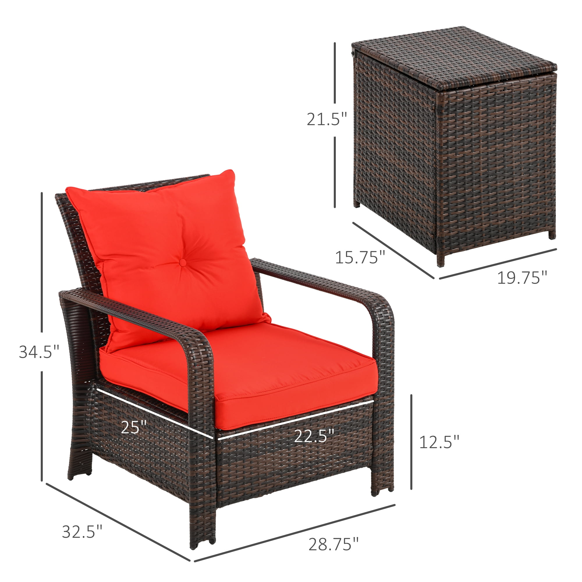 Outsunny 3 Piece Patio Furniture Set, PE Rattan Wicker Storage Table and Chairs w/ Tufted Cushions, Red
