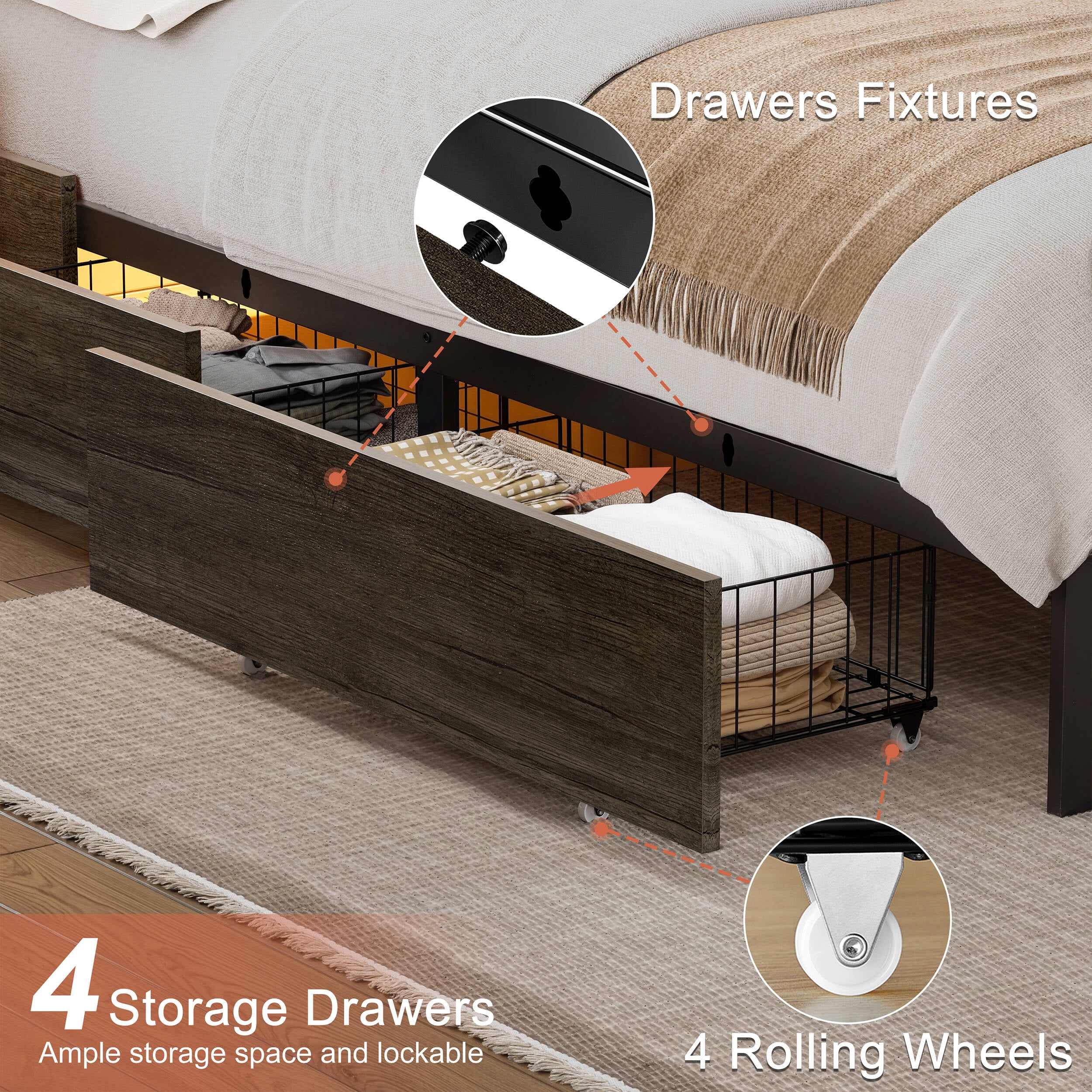 GUNAITO King Bed Frame with Storage Headboard & 4 Drawers, Dark Gray Industrial Metal Platform Bed with Charging Station and LED