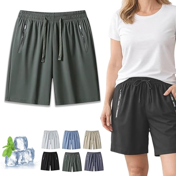 Icy Shorts for Women Over 50, 8 Inch Inseam Quick-Dry Stretch Casual Shorts with Pockets & Drawstring, Moisture-Wicking Summer Trousers