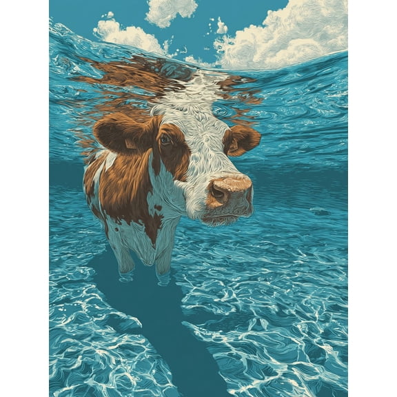 Cow Underwater Canvas Print, Wall Art for Farmhouse Living Room Bedroom Kitchen Bathroom Office Hotel Restaurant