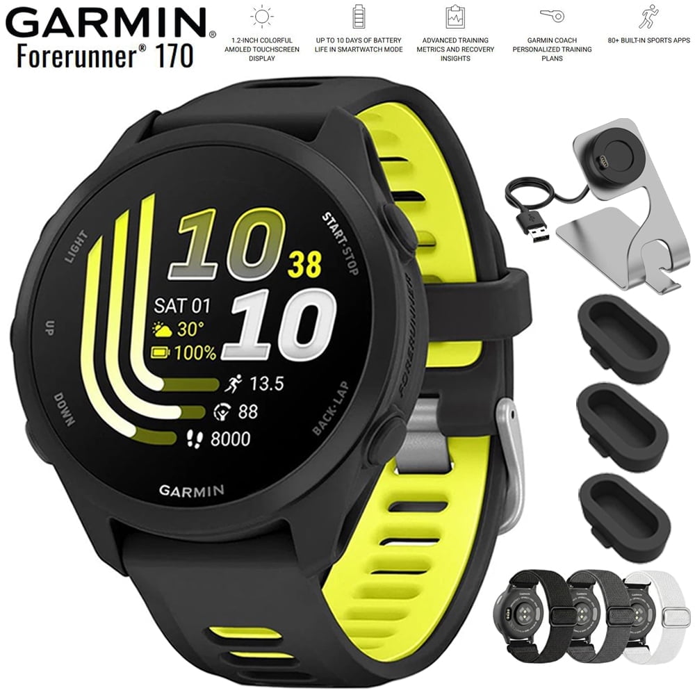 Garmin Forerunner 170 Black/Amp Yellow 010-03920-00 Bundle with Deco Essentials Nylon Elastic Bands 3 Pack, Deco Essentials Charging Dock and Silicone Dust Cover for Garmin Watch 3 Pack