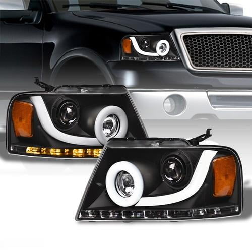 Sequential LED For 04-08 Ford F150 Blk Projector Headlights w/DRL Halo Tube Bar