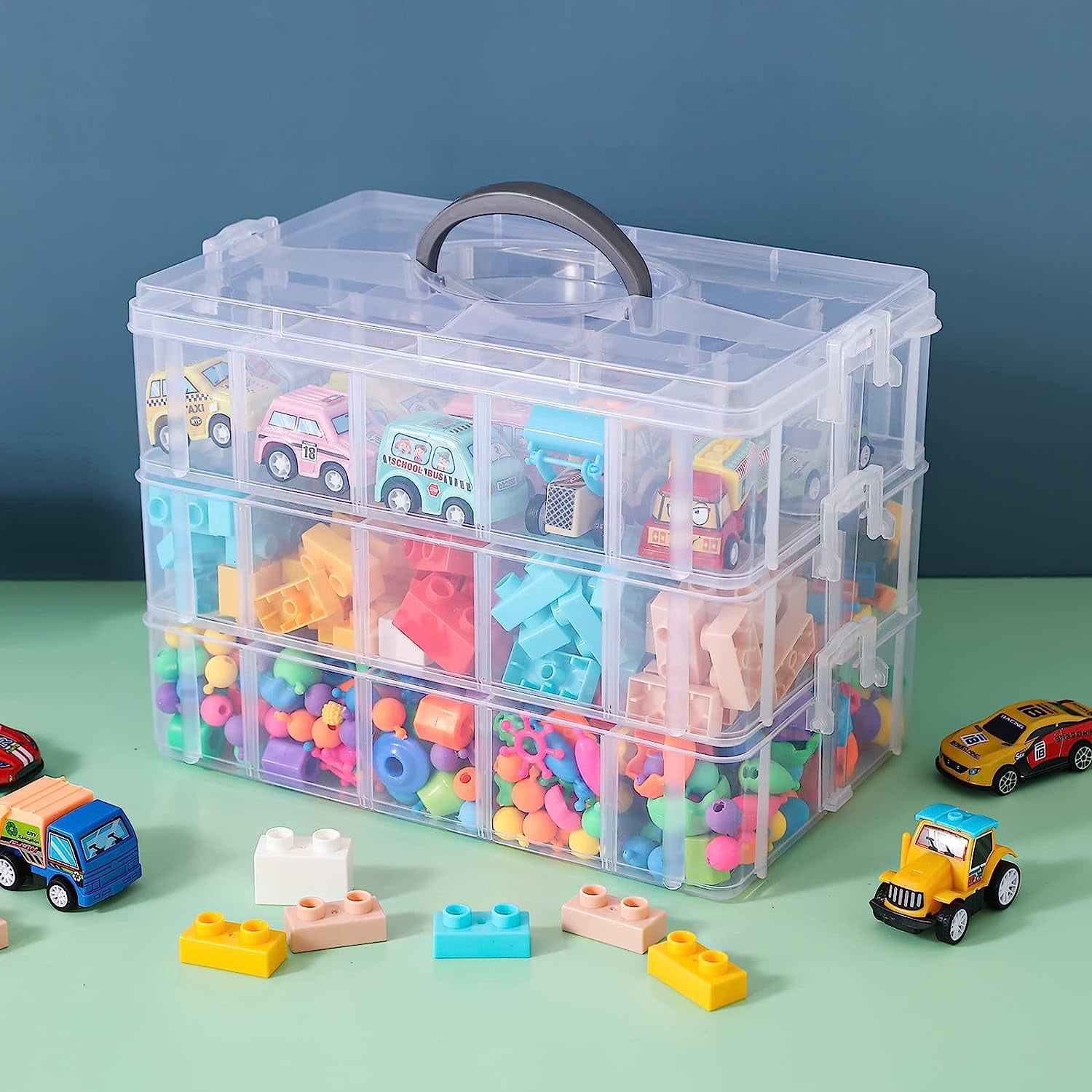 Craft Storage Container, 3-Tier Stackable Storage Container with 30 Adjustable Compartments for Art Supplies, Beads, Washi Tapes, Seed, Hair Accessories, Nail - Clear