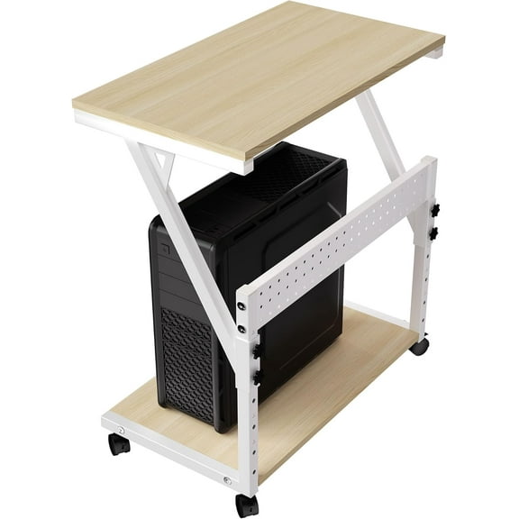 Computer Tower Cart - Height Adjustable PC Stand, 2-Tier ATX-Case CPU Holder Home Office Gaming Desk Accessories with Rolling Lockable Wheels, Laptop Table Standing Computer Desk, Natural Beige