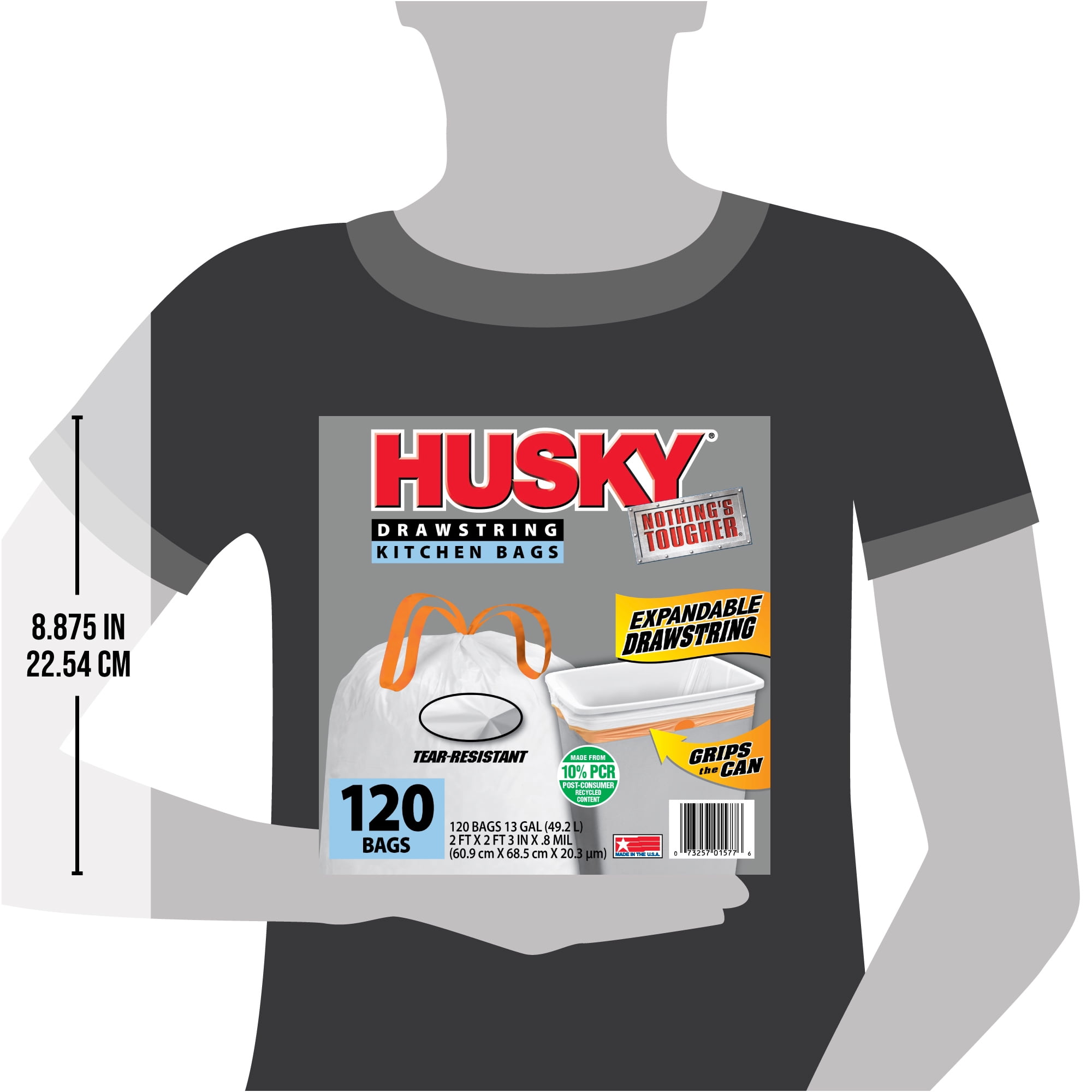 Husky Tall Kitchen White Trash Bags, 13 Gallon, 120 Bags (Expandable Drawstring, 10% PCR)