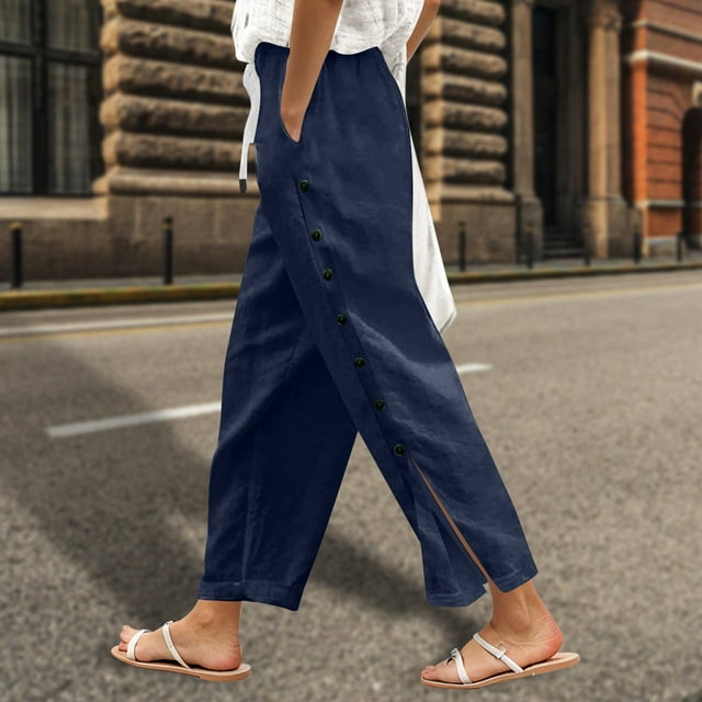 Women’s Solid Color Elastic Waist Loose Fit Side Button Functional Casual Pants Business Casual Pants for Women Print Casual Pants Women plus Womens Pant Suits Casual Womens Linen Pants Tall Patterned