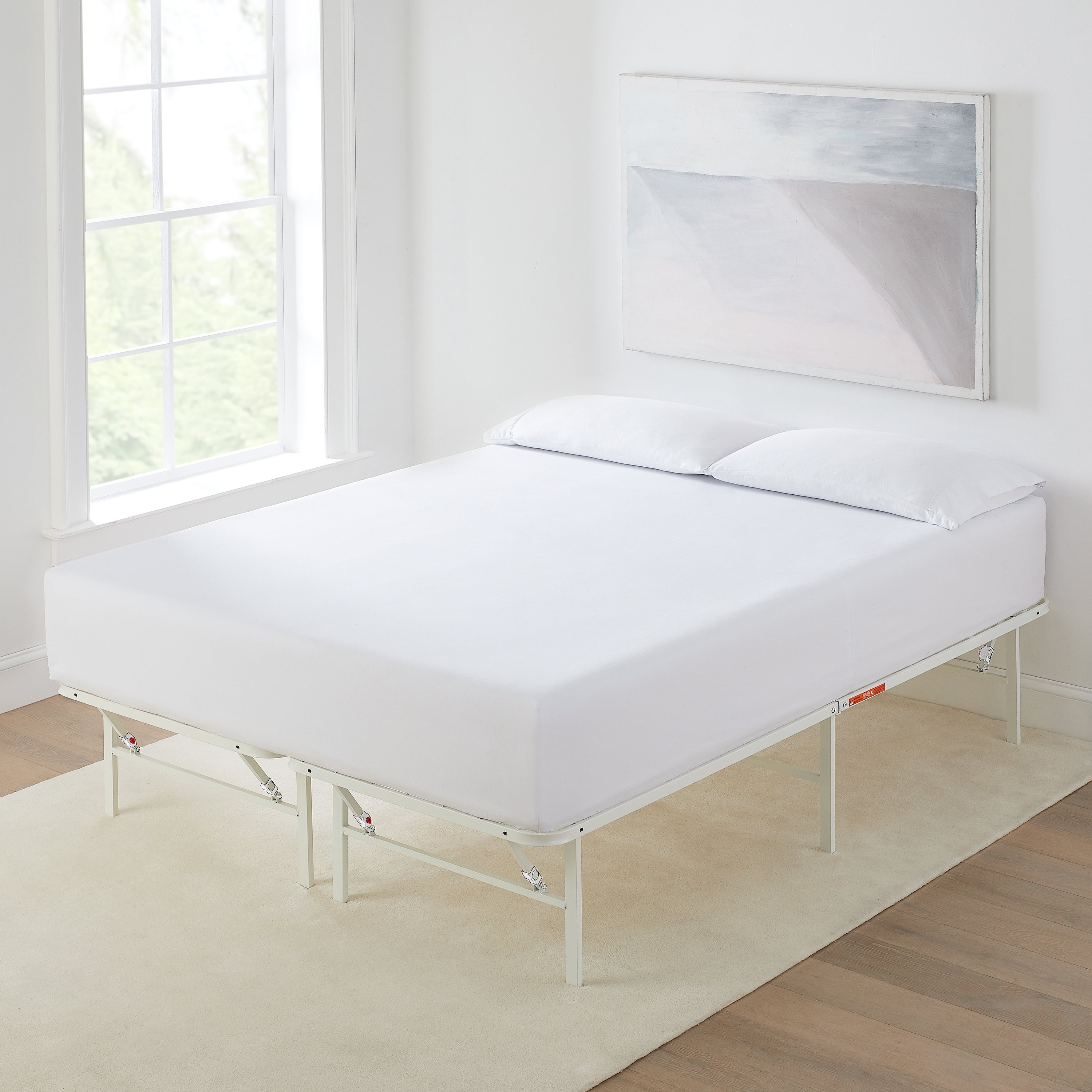 Mainstays Full 14" High Profile Foldable Steel Platform Bed Frame with Storage Space Under Frame, No Box Spring Required, White