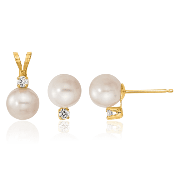 14K Solid Yellow Gold 6mm White Round Akoya Saltwater Cultured Pearl .10 Diamond Stud Earrings Necklace Chain Pendant Charm Set