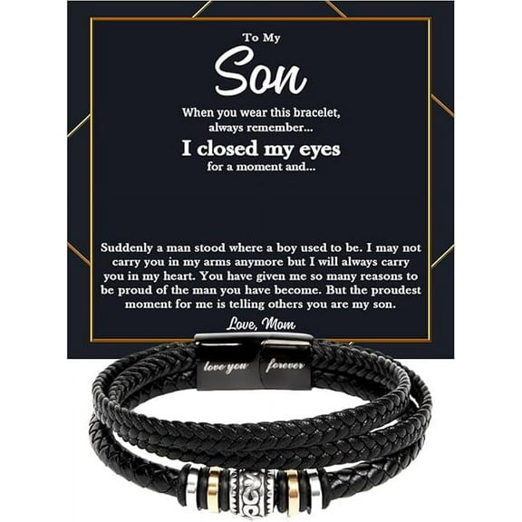 Birthday Gift For Son With Message Card and Gift Box, Bracelet for Son from Father and Mother, To My Son Bracelet, Leather Bracelet for Boys, Wrist Band for Him, Graduation Gift