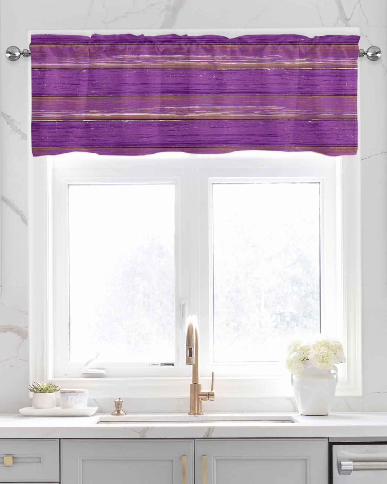 Purple Wood Grain Kitchen Valances for Windows Farmhouse Linen Window Valance Curtain for Living Room Window Treatment Farmhouse Plank Retro Country Valance Rod Pocket Topper Drape, 42 x 18 Inch