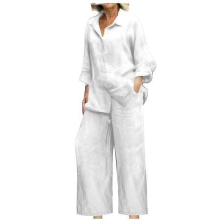 Baqcunre Women s Trousers Suit  Linen 2 Piece Sets for Women Summer 2025 Loose Long Sleeve Shirts Wide Leg Pant Matching Set Plus Size Vacation Outfits White XL