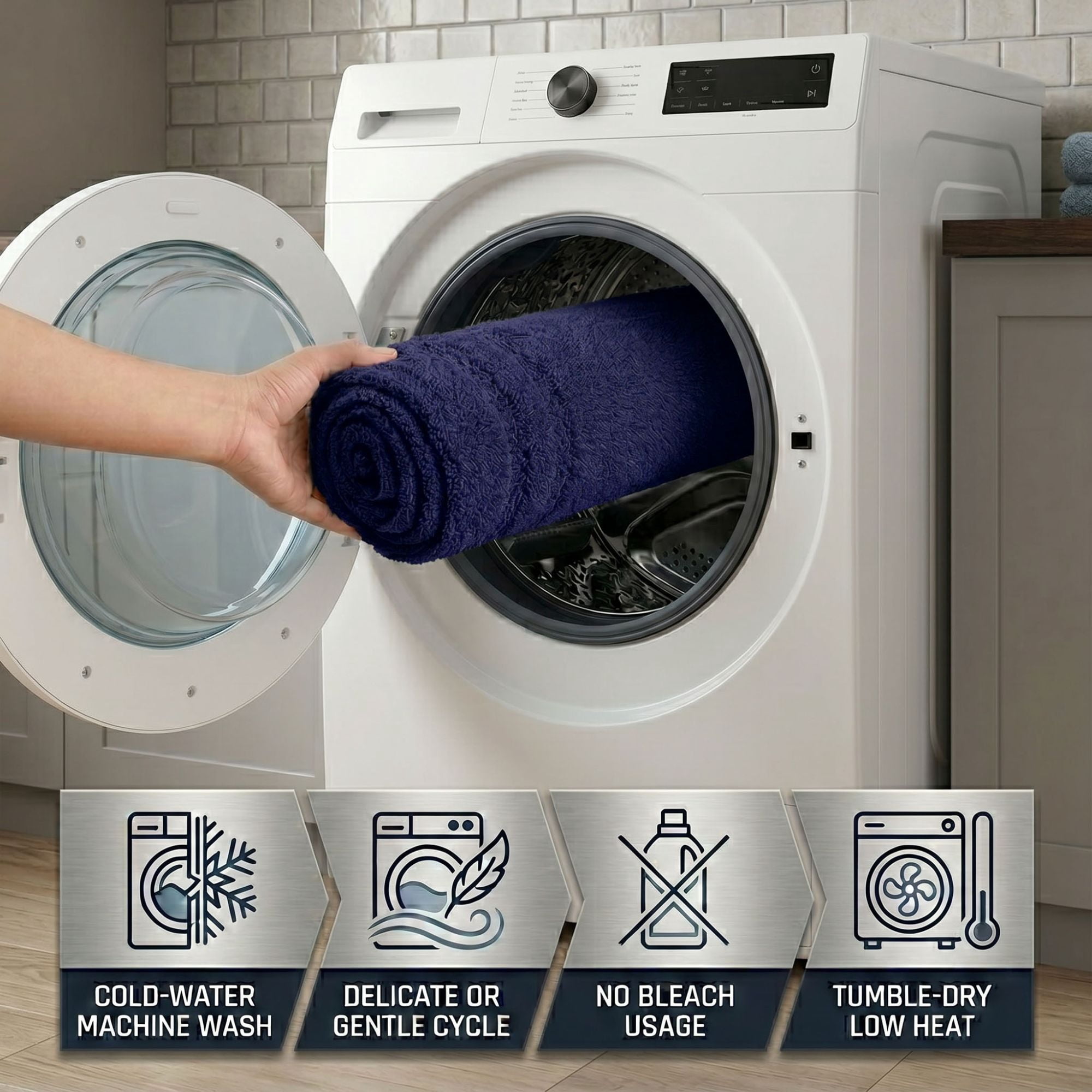 Superior Solid Bordered Cotton Washable Non-Slip Bath Rug, Runner Size, Navy Blue
