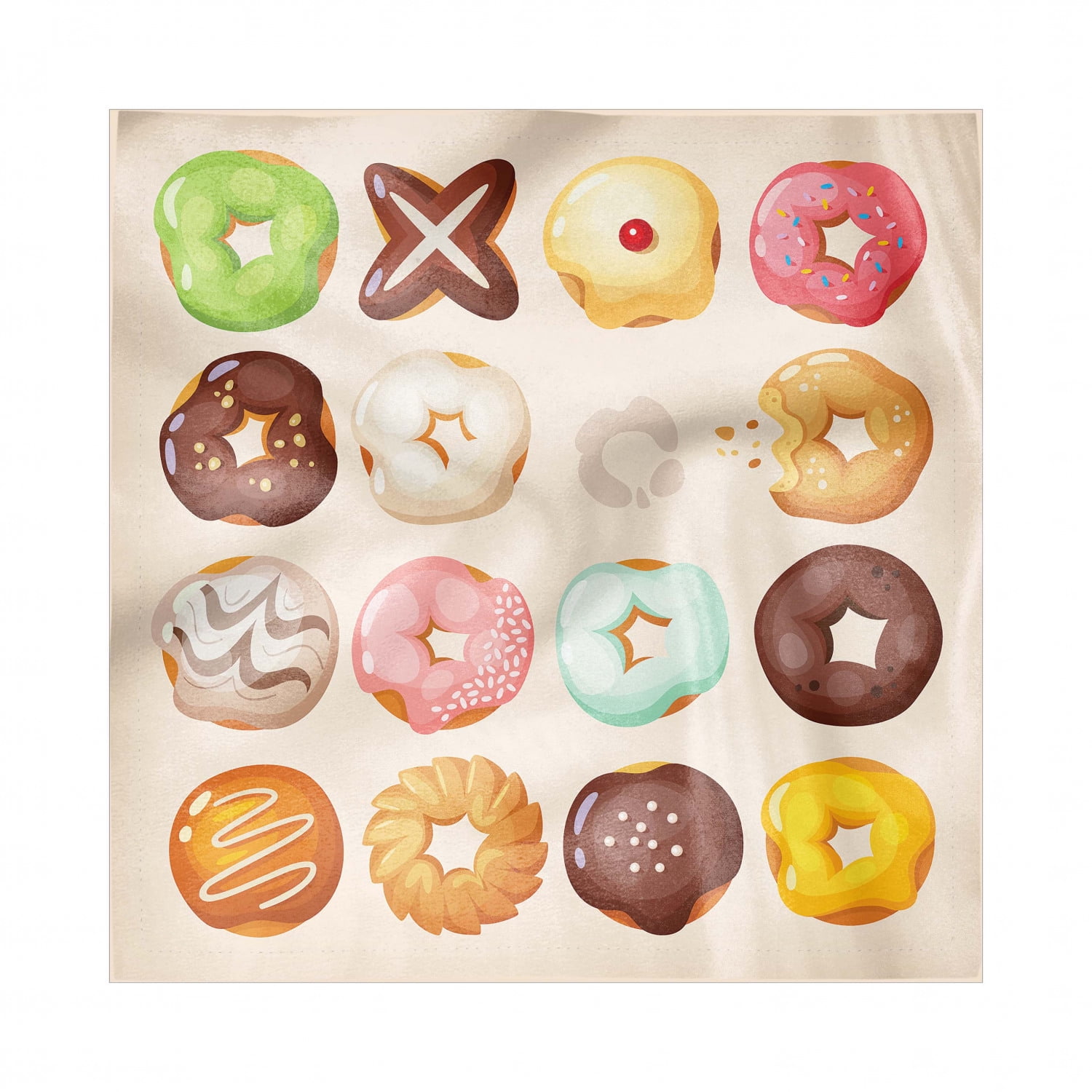 Donut Decorative Satin Napkins Set of 4, Different Kinds of Delicious Doughnuts Glazed Jelly